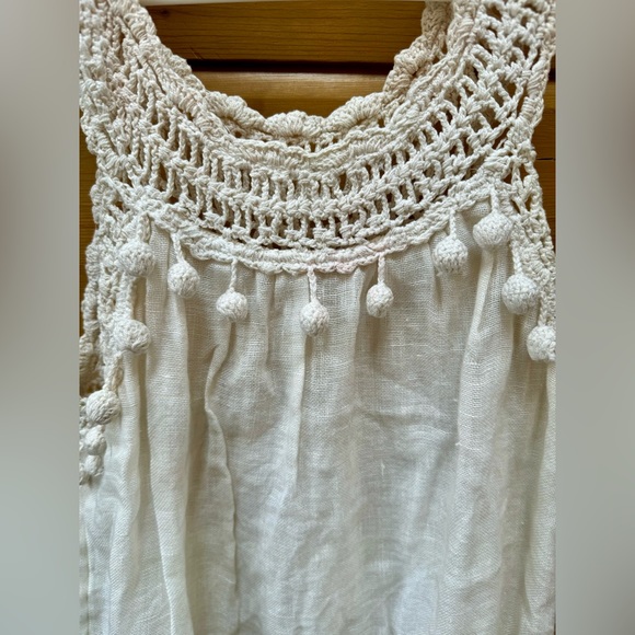 ANTHROPOLOGIE cream, linen, crocheted top with pom poms is lined and lovely. - Picture 2 of 16